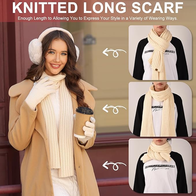 Yusongirl Winter Women Scarf Gloves Beanie Ear Muffs Socks Set Cold Weather Warm Knit Hat Fleece Long Neck Warmer 5 in 1 Set