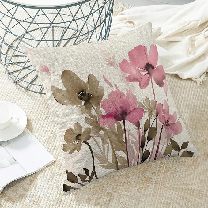 Spring Floral Pillow Covers 18x18 Inches Set of 2 Brown Pink Floral Throw Pillow Covers Outdoor Rustic Summer Flower Decoration Pillowcase Farmhouse Decorative Cushion Cover for Sofa Couch