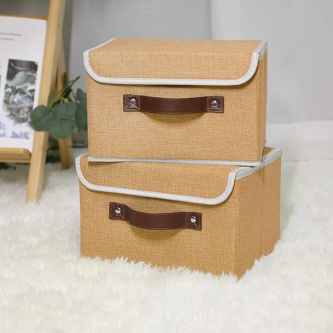 ANMINY Fabric Storage Box Bins with Lids, Khaki, 10"x8"x7", 2 Pack | Keepsake Memory Storage, Cotton Linen, PP Board Reinforced, Washable, PU Handles, Foldable & Stackable, Decorative, Small
