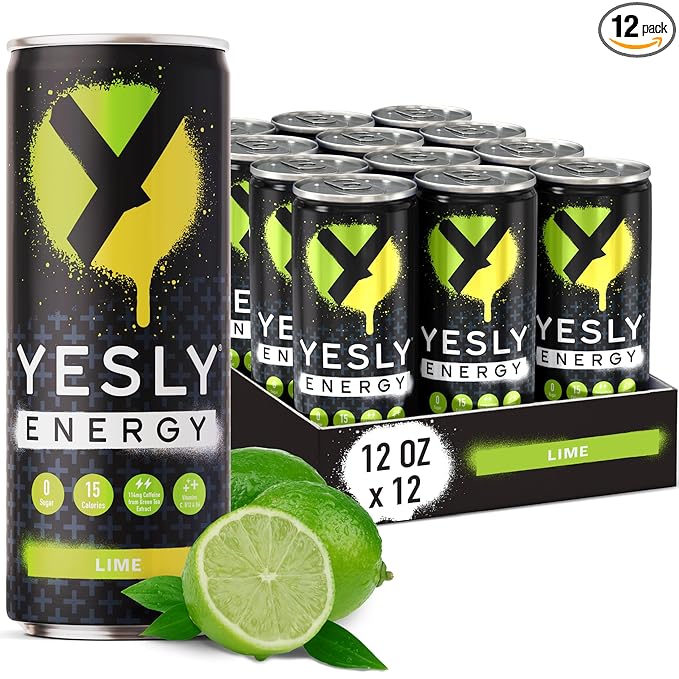 Yesly Energy Drink, Lime, Naturally Flavored Sparkling Energy Drink With Electrolytes, Magnesium, Potassium, Vitamin C, B6 & B12, Natural Caffeine From Green Tea, Zero Sugar, 12 Fl Oz Cans, 12 Pack