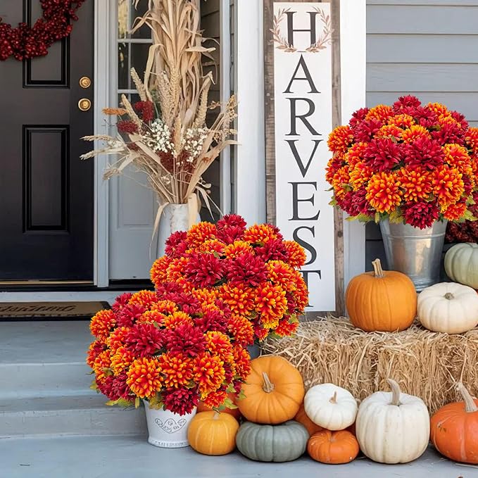 4 Bundles Large Artificial Fall Flowers Faux Mums for Outdoor Planters | Silk Fake Chrysanthemums Bouquet for Home Vase Outside Front Porch Table Floral Arrangement Wedding Autumn Decor