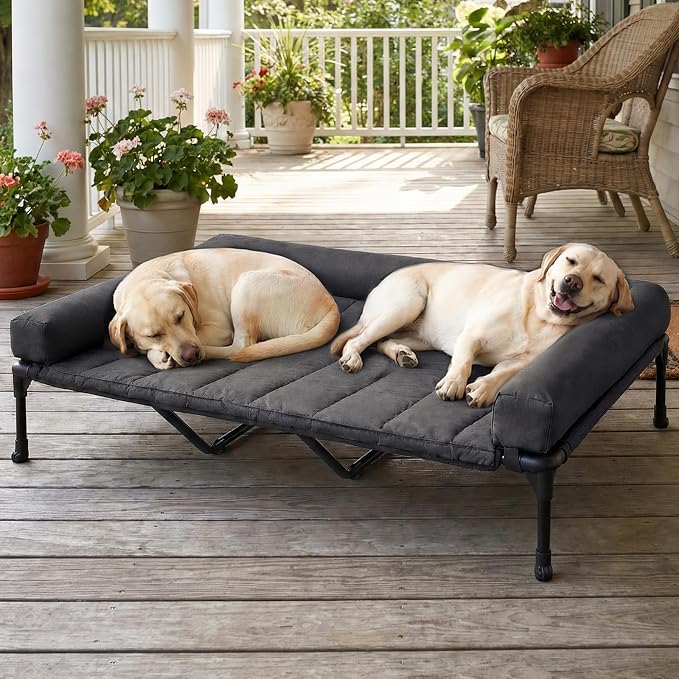 Veehoo Outdoor Elevated Dog Bed with Waterproof Bolster Cushion, Cooling | Raised Dog Bed with Removable & Washable Mat Topper, Breathable Mesh, Dog Couch Cot for Indoor Outdoor, 59", Large, Black