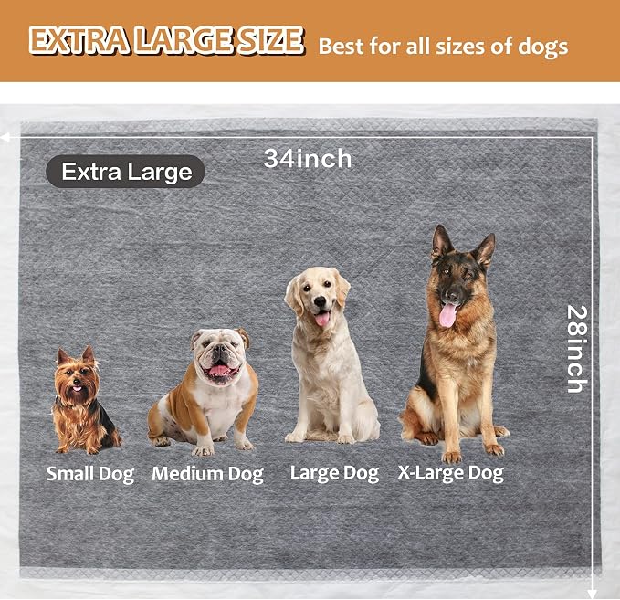 Charcoal Puppy Pads with Adhesive Tape, Dog Pee Pads Extra Large 28" x 34" - 30 Count, Potty Pads for Dogs for Odor-Control & Leakproof, Disposable Pet Pads for Puppies, Dogs & Cats, Black