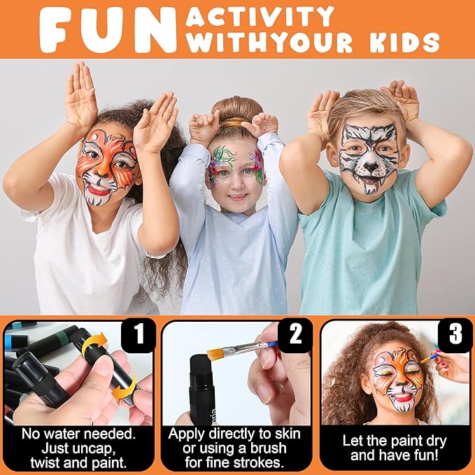 Jim&Gloria Face Paint Kit Bulk 32 Professional Face Painting Kit for Kids Party, Metallic, Neon, Classic Makeup, Facepaint Crayons, Washable Body Paint Adults, Girls Christmas Gifts Boys Crafts Toys