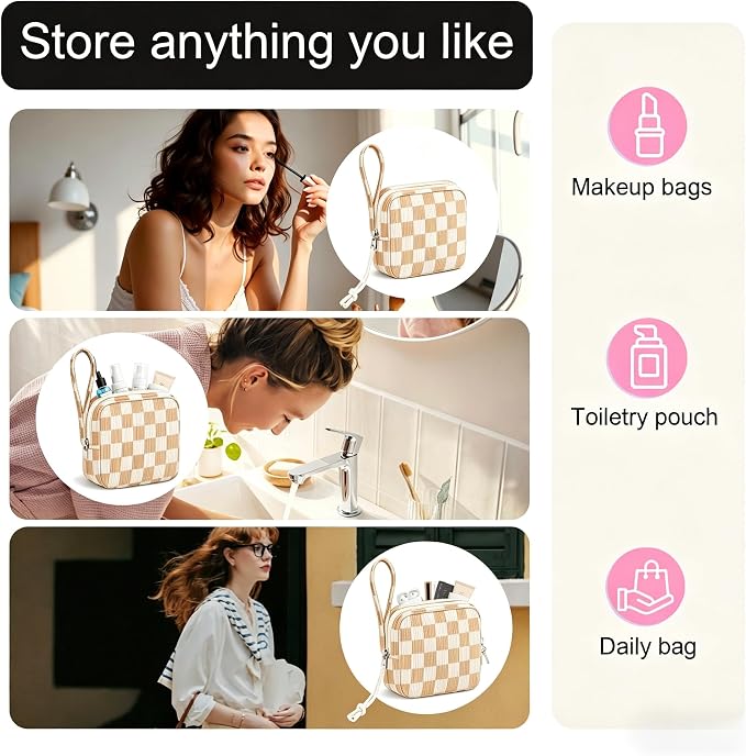 Corduroy Period Pouch for Women, Cute Sanitary Pad Pouch with Zipper, Portable Tampon Holder for Purse, Sanitary Napkin Storage Bag for Travel (Checkered Brown White)