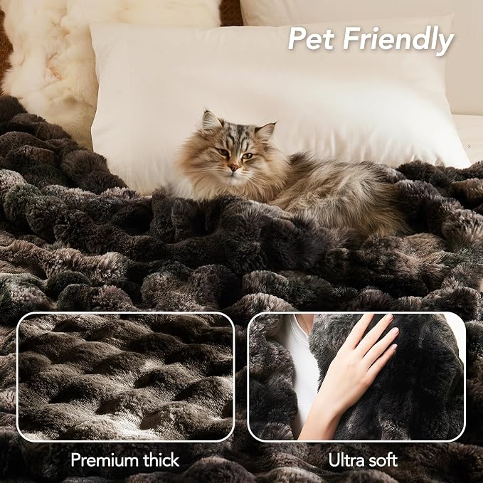 L'AGRATY Faux Rabbit Fur Throw Blanket for Couch, 60'' x 80'', Tie-Dye Gray | Soft Cozy Bubble Fluffy Blanket for Sofa Bed, Thick Warm Plush Fuzzy Throw for Room Home Decor, Luxury Gift for Women Mom