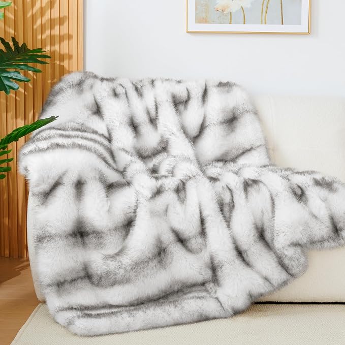 Luxury Faux Fur Twin Blanket, Grey, 60''x80'' | 1000GSM, Super Thick Warm Cozy Heavy, Plush Fuzzy Elegant Winter Reversible Mink