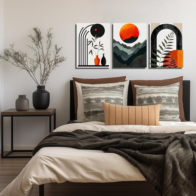 DNIEOTU Boho Wall Art for Living Room, Bohemian Canvas Wall-Decor for Bedroom, Mountian Moon and Geometric Shapes Picture Prints, Size 12 x 16 Inches 3-Pieces