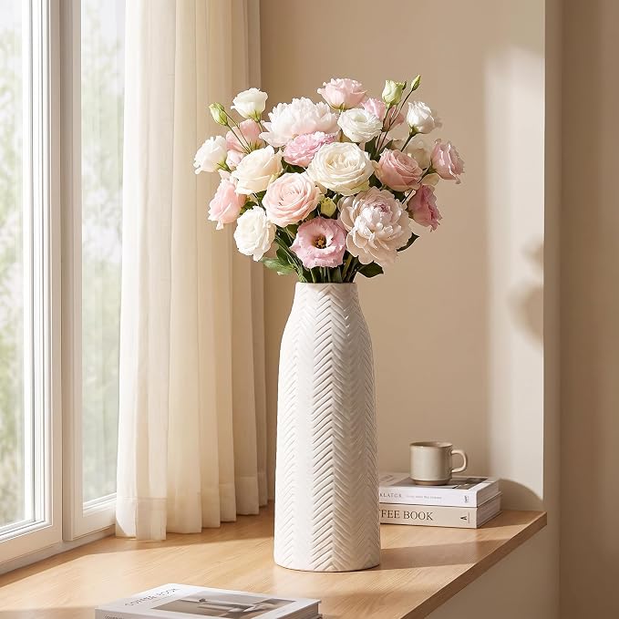 hjn Large White Vase for Flowers Ceramic Vase for Home Decor Tall Vases for Your Floor/Kitchen/Office/Living Room/Table- White Texture(Large)