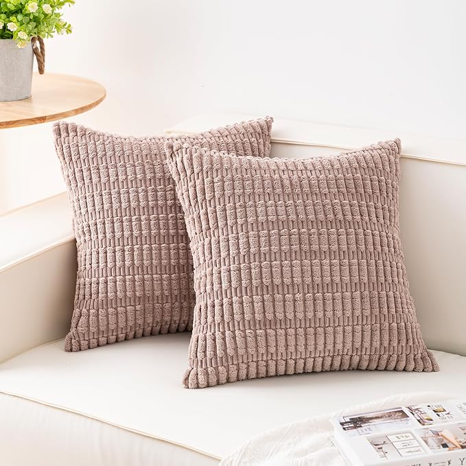 Pack of 2 Corduroy Decorative Throw Pillow Covers 22x22 Inch, Light Brown | Fall Soft Striped Pillow Covers Modern Farmhouse Home Decor Christmas Throw Pillow Covers for Sofa Living Room Couch Bed