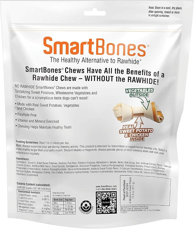 SmartBones Medium Bones Rawhide-Free Dog Treat, Real Sweet Potato, 4 Count | With Real Sweet Potato & Chicken, Easy To Digest Chew, Vitamin & Mineral Enriched, Supports Dental Health, For Medium Dogs