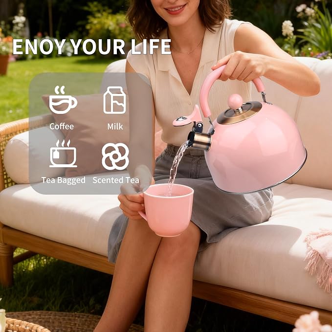 2.6 Quart Pink Whistling Tea Kettle for Stovetop, Stainless Steel Teapot with Cool-Touch Handle, Loud Whistle, Wide Base, Induction Compatible for Gas Electric Glass Cooktops