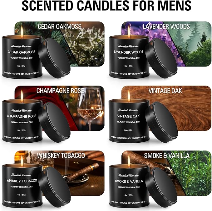 6Pack 8OZ Scented Candles for Men - Candles Gifts for Men, Soy Wax, Cotton Wick, Birthday, Christmas, Anniversary Present, Valentine