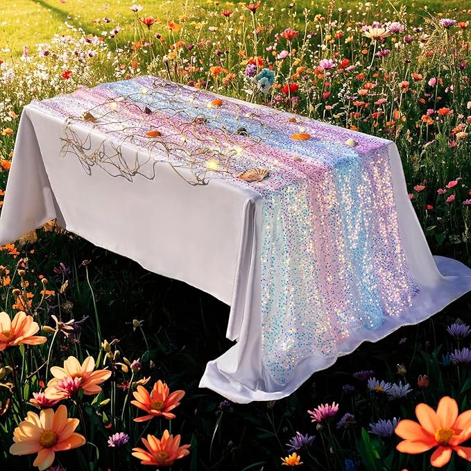 White Sequin Table Runner, 10 Ft 2 Pack, Perfect for 6 - 8 Ft Tables, Iridescent Table Runner 120" x 17" for Wedding Birthday Party Decorations