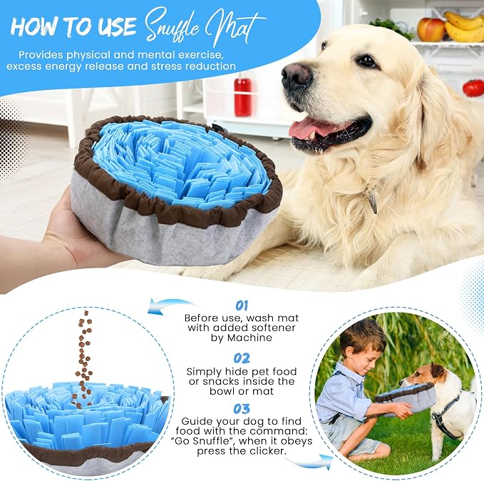 18" Dog Snuffle Mat - Interactive Dog Puzzle Toys for Enrichment - Large Slow Feeder Foraging Mat for Brain Games & Nosework Training - Washable Pet Sniff Mat with Training Clicker and Suction Cup