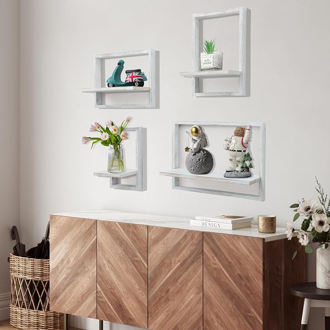 Floating Shelves for Wall,Decorative Wall Shelves,Plants Shelf Framed | Square Wall Decor,Art Sconces Artificial Vases Hanging Storage Shelf for Bathroom Living Room,Wood,Set of 4,Rustic White