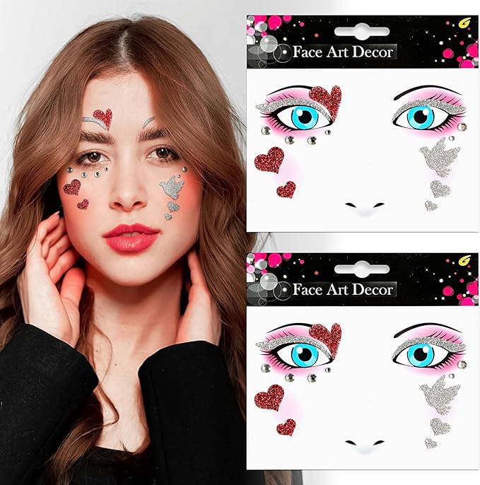 Valentine Face Gems Face Jewels Stickers Red Love Heart Lip Self Adhesive Eye Body Face Nail Hair Crystal Rhinestones for Makeup Festival Glitter Face Art Decor 2Sheets (style5)