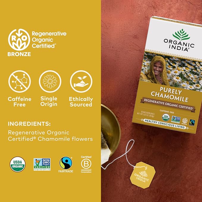Organic India Purely Chamomile Tea - Regenerative Organic Chamomile Flowers, Caffeine Free, Calming & Relaxing Herbal Tea, Natural Support for Sleep & Relaxation - 18 Bags, Pack of 3