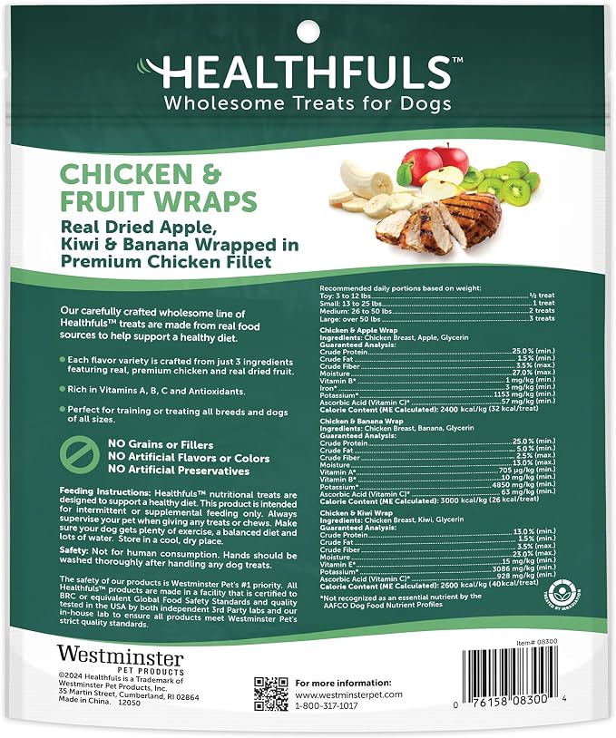 Healthfuls Chicken Wrapped Fruit Dog Treats, 16oz | Dried Apple, Kiwi, & Banana, Real Chicken Breast, Rich In Antioxidants, No Artificial Colors, Training Treat, For All Breeds
