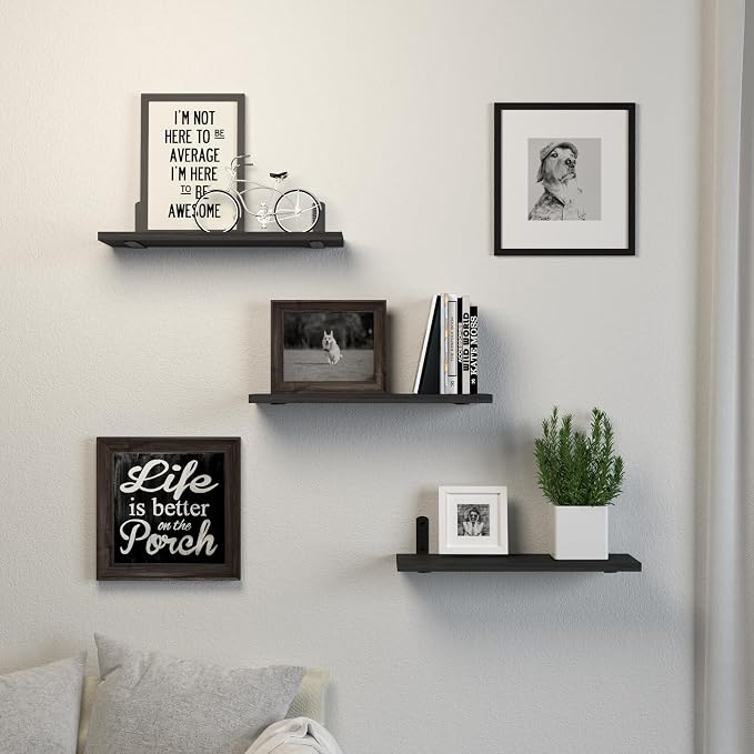 DOLLFIO Floating Shelves, 3 Sets Wall Wooden Shelves for Décor, Mounted Bathroom Shelf Storage, Book Wall, Bedroom, Living Room – Black, HM02