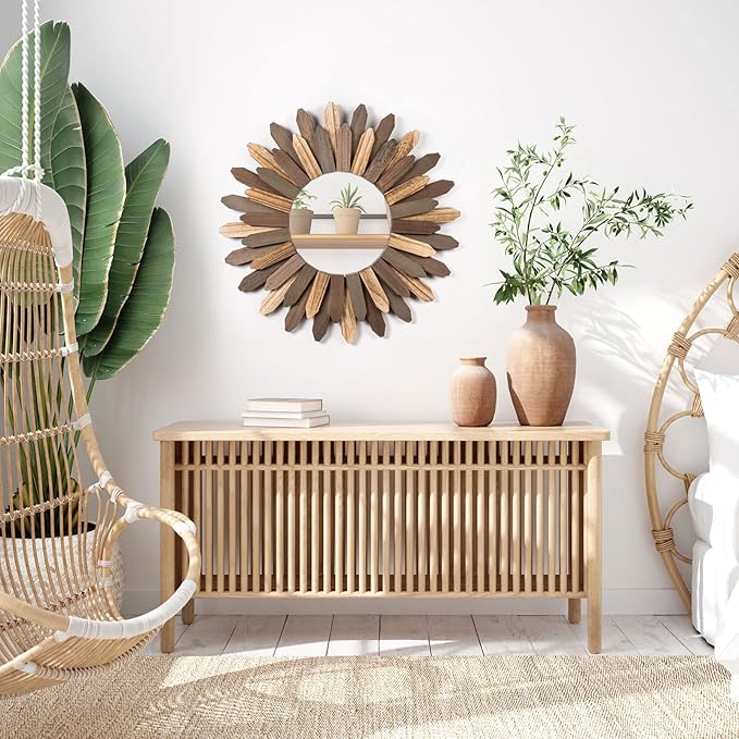 Boho Wall Decor 21 inch Wall Mirror Rustic Wood Decorative Mirror for Room Decor Rustic Home Decor Farmhouse Wall Decor at Living Room Bedroom Bathroom Hallway Trilcolor