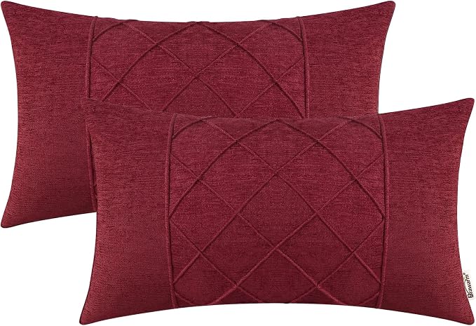 BRAWARM Chenille Throw Pillow Covers 12x20 Inches, Burgundy, 2 Pack | Decorative Lumbar Pleated Pillow Covers, Soft Cushion Cases for Sofa Bed Living Room Home Farmhouse (No Insert)