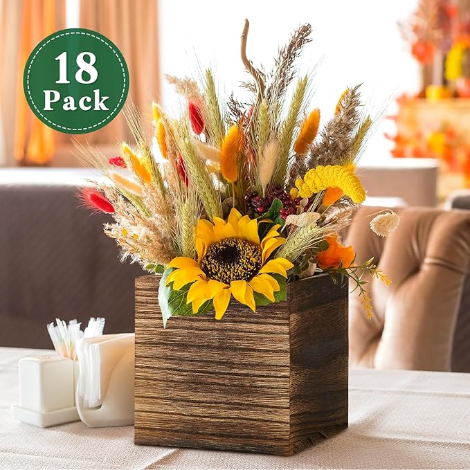 18 Set Wood Cube Planter Box Square Wood Vase Rustic Cube Planter Box with Removable Plastic Liner Floral Foam Blocks for Centerpieces Home Wedding Garden Decor, Country Style (Brown)