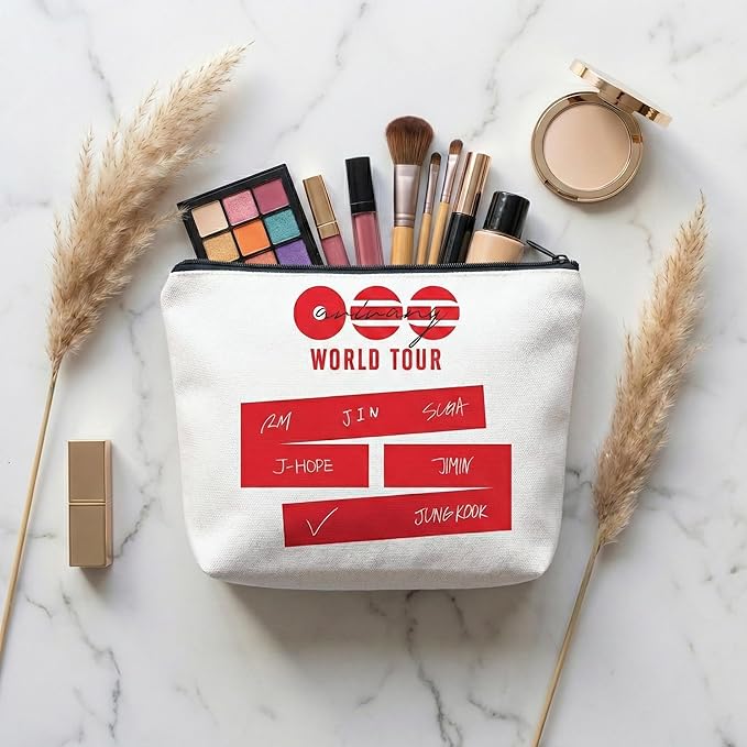 K-Pop Inspired Makeup Bag Red White, Cute Cosmetic Pouch with Zipper, Travel Organizer for Concert, School, Gym, Gifts for Fans