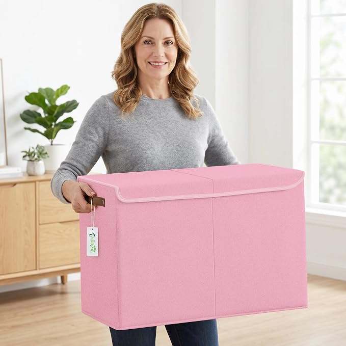 Large Toy Storage Box with Lids, Collapsible Sturdy Baby Storage Organizer Chest Bin Basket for Kids, Boys, Girls, Playroom, Nursery, Bedroom, Closet 25"x13"x16" (Pink)
