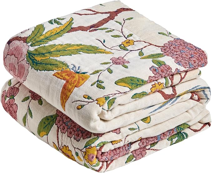 MSGKV Boho Throw Blanket 60"x80" Cotton Chinoiserie Bird Blanket for Couch | 100% Cotton Throw, Chinoiserie Floral Bird, Reversible Woven, Breathable Lightweight, Decorative Accent, Machine Washable