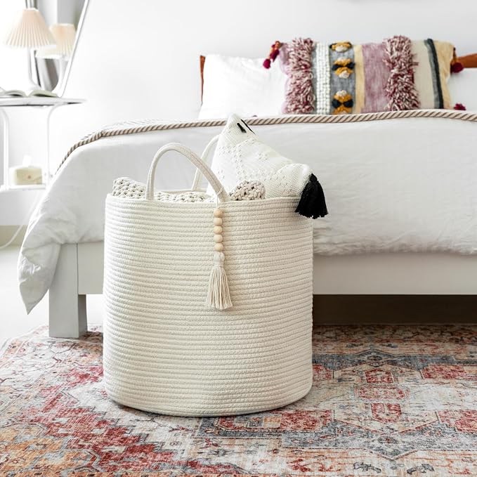 Mkono Woven Storage Basket for Blanket, Toys Plant Organizer, 15"W x 17.7"L | White, Cotton, Decorative Basket with Handle, Wood Beads Tassel, Shoes Towel Clothes Storage Bin, Living Room Bedroom Nursery