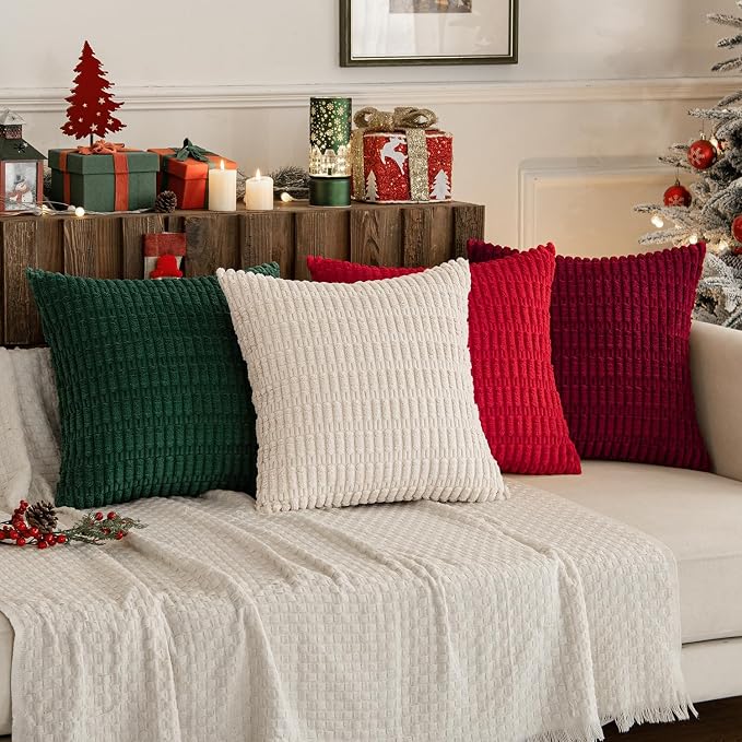 MIULEE Pack of 4 Christmas Throw Pillow Covers 20x20 Red and Green | Neutral Rustic Farmhouse Boho Soft Striped Pillow Covers,Home Decor for Sofa,Living Room,Couch,Bed