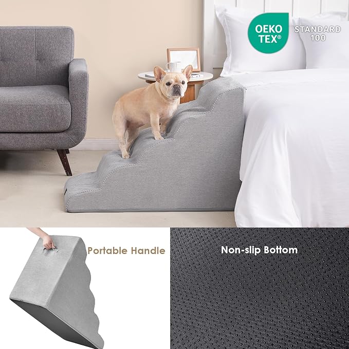 EHEYCIGA Curved Dog Stairs Ramp, 5-Step Extra Wide High Beds, Dog Steps | 33D density of pure foam, for Small Dogs and Cats, Pet Stairs for High Bed Climbing, Non-Slip Balanced Indoor, Light Grey