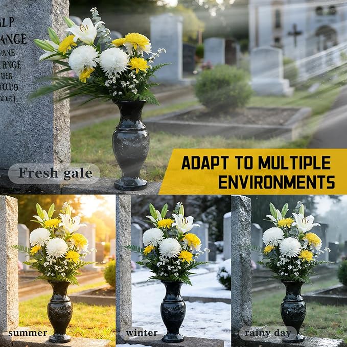 Heavy Duty Natural Marble Cemetery Vase for Grave Site – Solid Stone Headstone Planter for Real & Artificial Flowers, Memorial Tombstone Decor for Outdoor Use