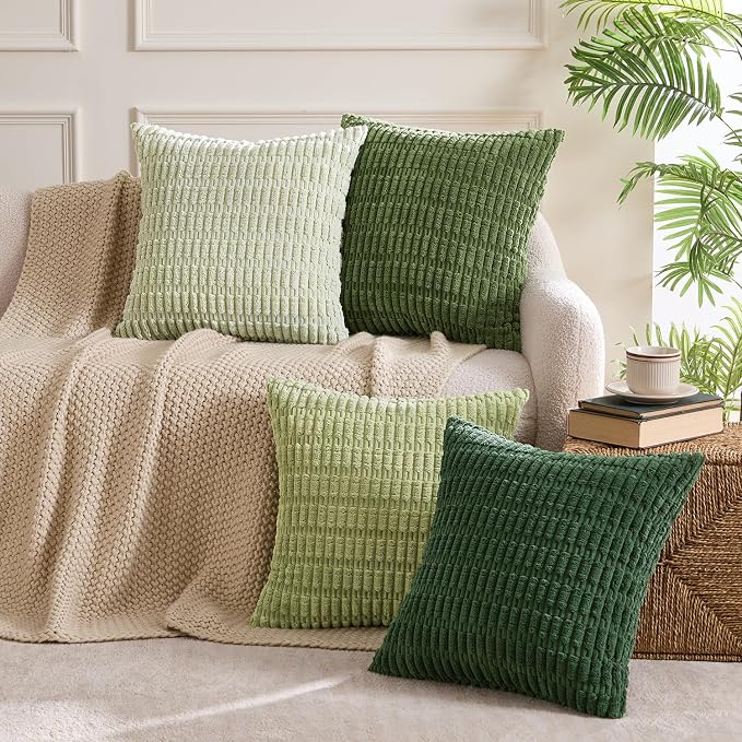 MIULEE Pack of 4 Decorative Throw Pillow Covers 20x20 Inch Forest Green | Neutral Rustic Farmhouse Boho Soft Striped Pillow Covers,Home Decor for Sofa,Living Room,Couch,Bed