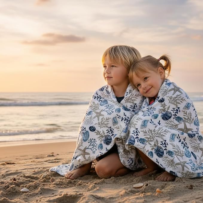 Coastal Ocean Beach Throw Blanket, Blue Gray Taupe White, 50x70 Oversized | Soft Plush Velvet Fleece, Seashell Beach Hues, Accent for Sofa Couch Chair Bed or Dorm, Washable & Durable, Extra Large Size