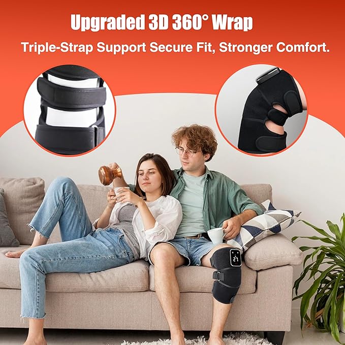 Red Light Therapy Vibration Knee Massager, Vibration & Heat - 5 Massage Zones, 660nm & 850nm Wavelengths, Rechargeable Heating Pad Knee Wrap, Gift for Men and Women