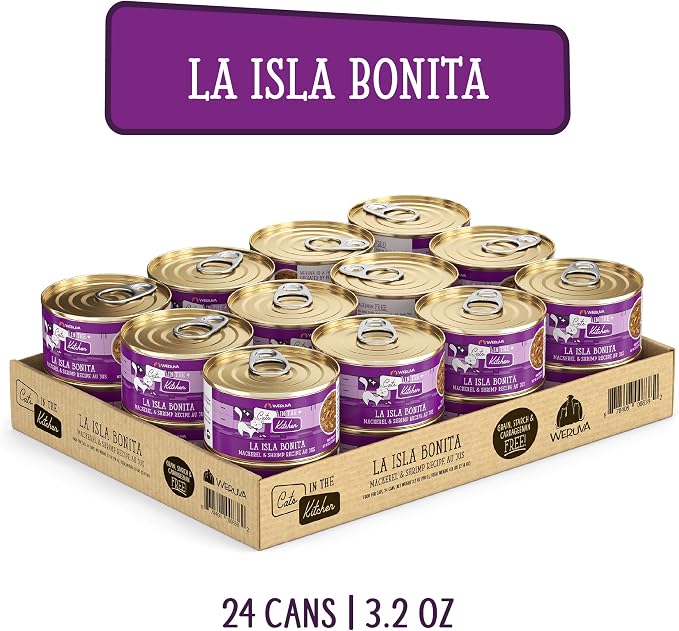 Weruva Cats in the Kitchen, La Isla Bonita with Mackerel & Shrimp Au Jus Cat Food, 3.2oz Can (Pack of 24)