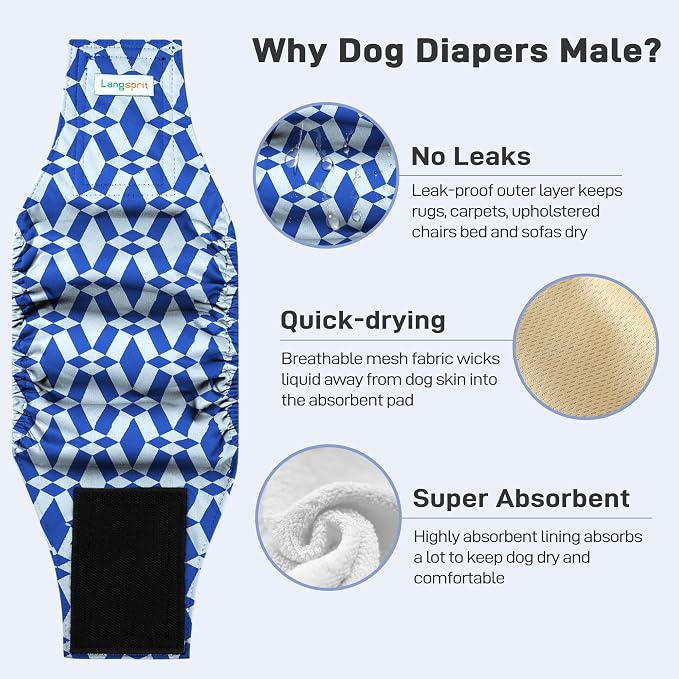Langsprit Small Male Dog Diapers for Doggie Puppy,Reusable Belly Bands for Male Dogs Wraps,Washable Doggy Dog Diapers Medium Large in Incontinence 5 Pack (Camo Geometry, Small)