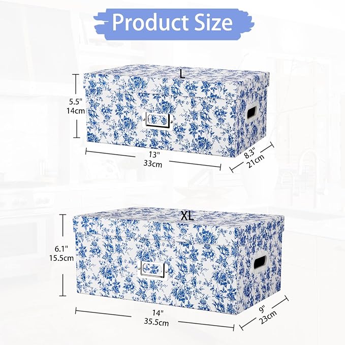 Briful Set of 2 Blue and White Porcelain-Style Storage Boxes with Lids – Elegant Floral Nesting Organizer Bins, 14'' + 13'' Set Decorative Cardboard Gift Boxes for Home or Office Use