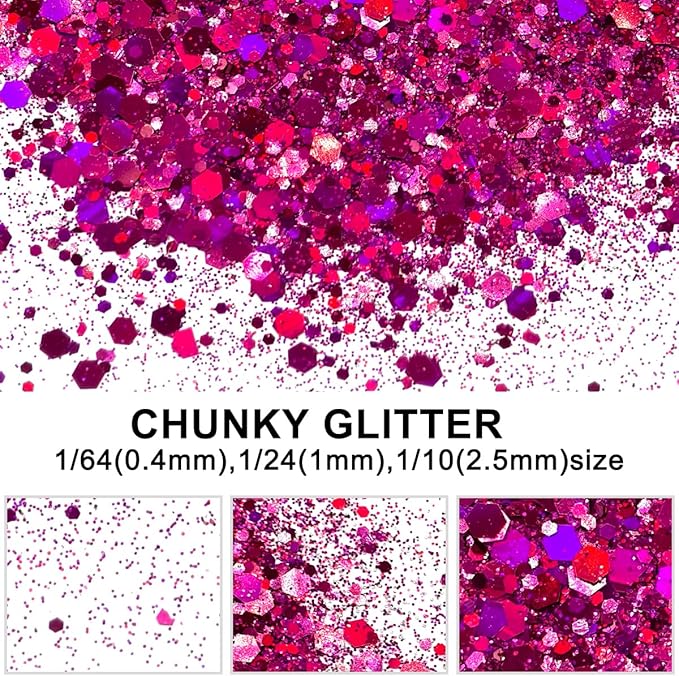 Fuchsia - Craft Glitter - 2oz Glitter Shaker Bright Colorful Holographic Mix Chunky Body Glitter Bulk Wholesale 24 Colors in Shaker Cosmetic Glitter - EBLB900