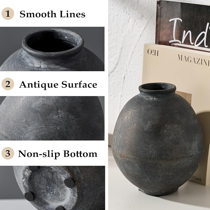 PORCER Ceramic Flower Vase, 6.22 Inch Rustic Farmhouse Vase Home Decor, Handcrafted Vintage Pottery Vase, Small Terracotta Vases for Living Room, Table, Shelf, Fireplace - Black Bronze