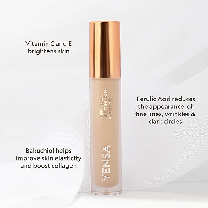 YENSA Super Serum Silk Concealer - Full Coverage Undereye Concealer & Peptides Serum for Face - Enriched with Vitamins C & E, Bakuchiol & Superfoods to Boost Radiance - Medium 2 (0.2 Fl oz)