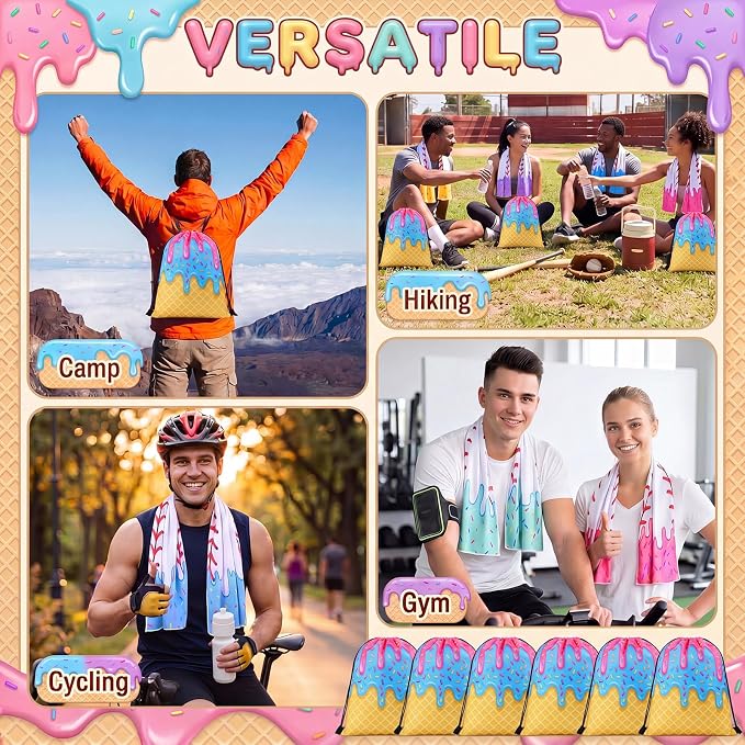 Peryiter 24 Pcs Ice Cream Drip Baseball Party Favors 12 Cooling Towels 12 Drip Drawstring Bags Bulk Sport Gifts for Teams Summer Camping Yoga Running Supplies, Chilly and Absorbent(Innovative)