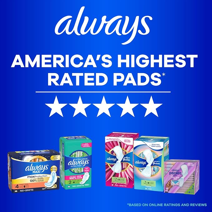 Always Ultra Thin Feminine Pads with Wings for Women, Size 1, Regular Absorbency, Unscented, Up to 100% Leak-Free Protection, 126 Count