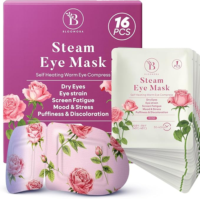 16 Pack Rose Steam Eye Mask for Dryness, Puffiness, Strain & Relaxation, Heated Eye Mask for Sleep & Travel, Self-Heating & Disposable Warm Compress, Travel Essentials, Relaxation Gifts for Women