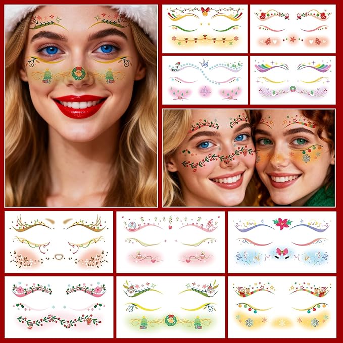 Christmas Temporary Tattoos Snowflake Bow Bell Blush Face Tattoos Mixed Styles Cartoon Santa Claus Eye Fake Tattoos Cute Stickers Waterproof Face Stickers for Girls Body Art Makeup 10 Sheets