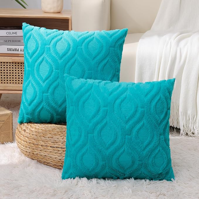 decorUhome Faux Fur Plush Soft Turquoise Throw Pillow Covers 18x18 Set of 2 | Plush Solid Fall Couch Pillow Covers, Accent Modern Farmhouse Neutral Decorative Square Pillow Cases for Sofa Bed Living Room