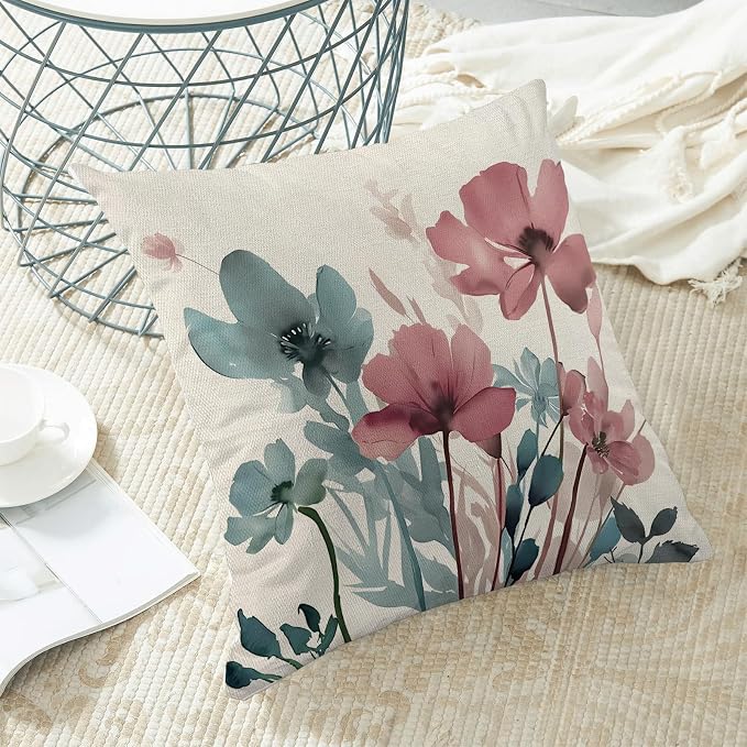Spring Floral Pillow Covers 18x18 Inches Set of 2 Blue Pink Floral Throw Pillow Covers Outdoor Rustic Summer Flower Decor Pillowcase Farmhouse Decorative Cushion Cover for Home Sofa Couch
