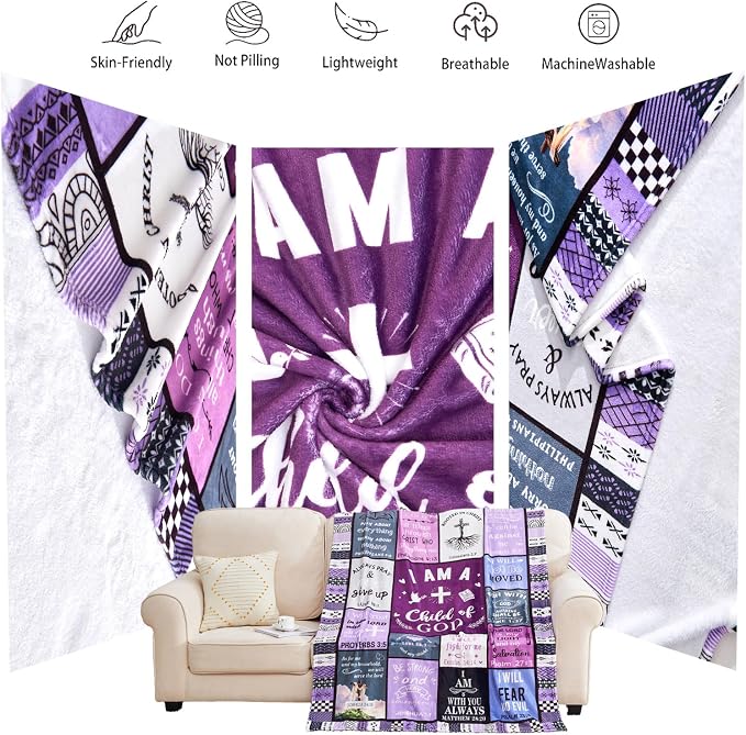 Christian Gifts for Women, Birthday Gift for Women, I Am a Child of God Blanket, Inspirational Gifts for Christians Sister, Friend, Daughter, Mom, Baptism Gifts for Girl Throw Blanket 80''x60'' Purple
